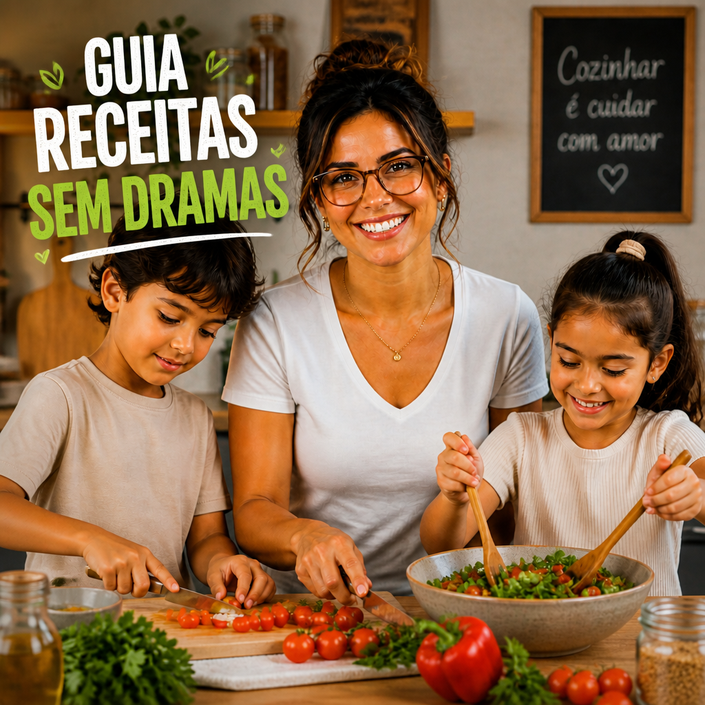 Guia de receitas sem dramas com mãe e duas crianças cozinhando na cozinha